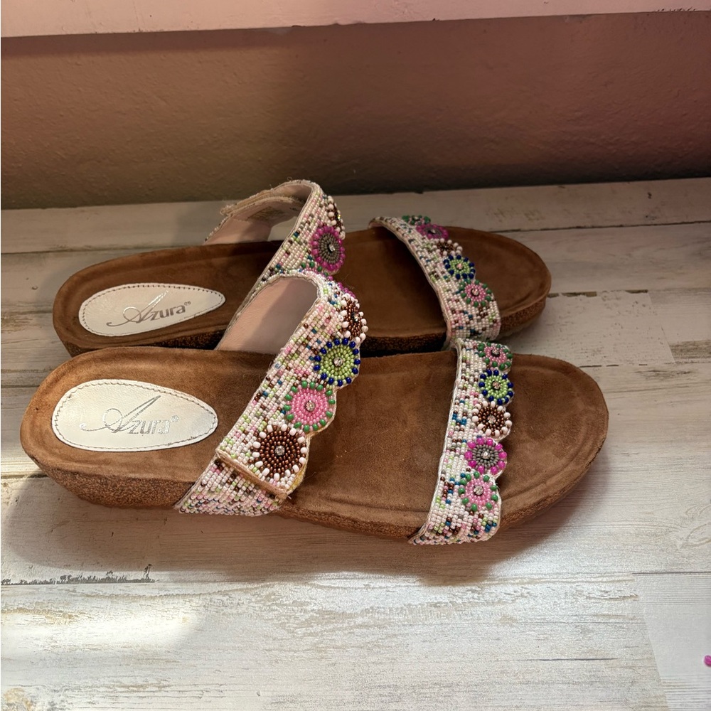 Beaded Floral Double-Strap Sandals in Brown Azura sandals - Picture 2 of 4